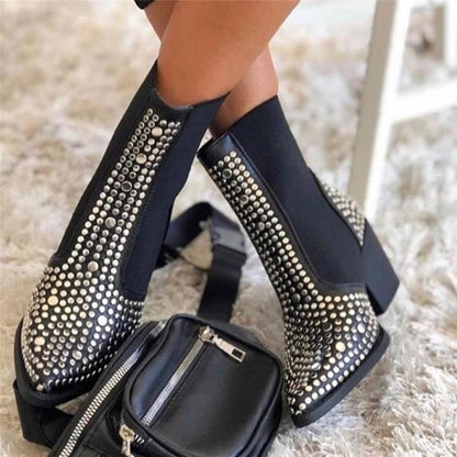 Black Silver Studs Ankle Boots