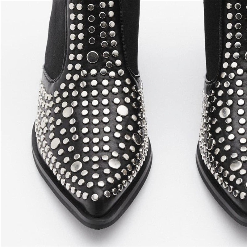 Black Silver Studs Ankle Boots