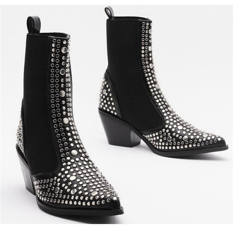 Black Silver Studs Ankle Boots