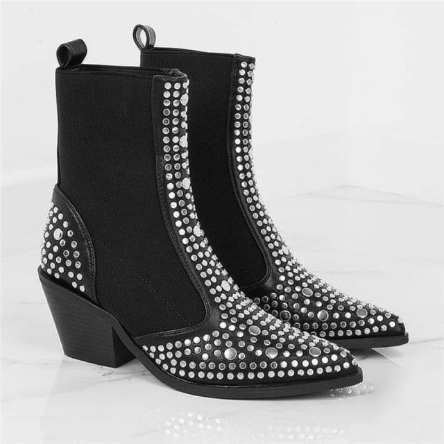 Black Silver Studs Ankle Boots